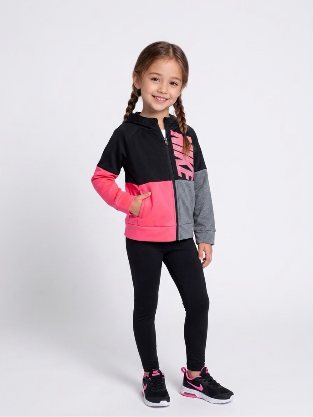 Nike Girls' Colorblock Zip Hoodie - Black/Pink/Gray Sparkle Pockets Dri-Fit 6X/L